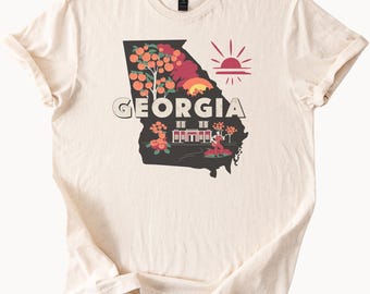 Georgia Peach State T-Shirt mit Pfirsichmotiv, Sonnenaufgang im Süden und historischem Haus – einzigartige Geschenkidee!