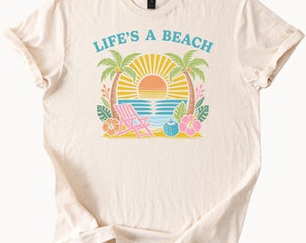 Lifes A Beach Graphic Tee Sun Palm Trees Ocean Sunset Beach Chair Tropical Summer Shirt Cute Beachy Shirt for Women Men