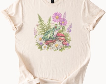 Frog and Mushroom Graphic T Shirt Botanical Floral Nature Fern Wildflower Garden Aesthetic Cute Frogcore Cottagecore Tee