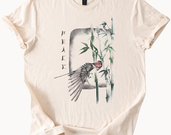 Friedensvogel-Bambuskunst-Grafik-T-Stück Beruhigendes japanisches inspiriertes Natur-Shirt Ruhige Schwalbe und Bambus-T-Shirt Zen-Art-Design