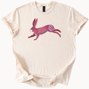 Boho Bunny Graphic T Shirt Leaping Rabbit Art Tee Nature Animal Lover Shirt Hand Drawn Floral Patterned Hare Shirt Gift for Her or Him