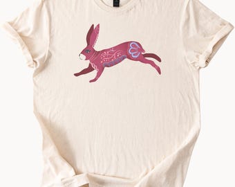 Boho Bunny Graphic T Shirt Leaping Rabbit Art Tee Nature Animal Lover Shirt Hand Drawn Floral Patterned Hare Shirt Gift for Her or Him