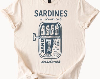 Sardines in Olive Oil Graphic T Shirt Canned Fish Art Tee Retro Seafood Illustration Funny Food Lover Shirt Gift for Men Women
