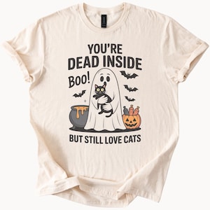 Ghost Cat Halloween Shirt Youre Dead Inside Boo Funny Black Cat Lover Graphic Tee Spooky Pumpkin Bat Cauldron Fall Costume Top