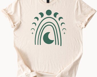 Boho Moon Phase Rainbow Graphic Tee Celestial Moon Cycle Shirt Spiritual Nature Shirt Aesthetic Moon Design T Shirt for Women