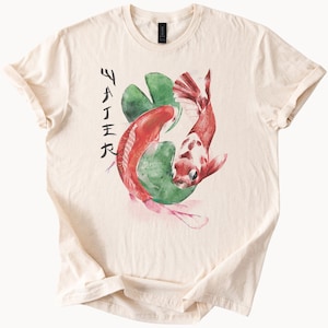 Koi fish and lily pad watercolor art t shirt with Japanese calligraphy aquatic nature inspired graphic tee for koi pond lovers