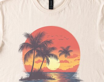 Palm Tree Sunset Graphic T Shirt Tropical Beach Ocean Scene Summer