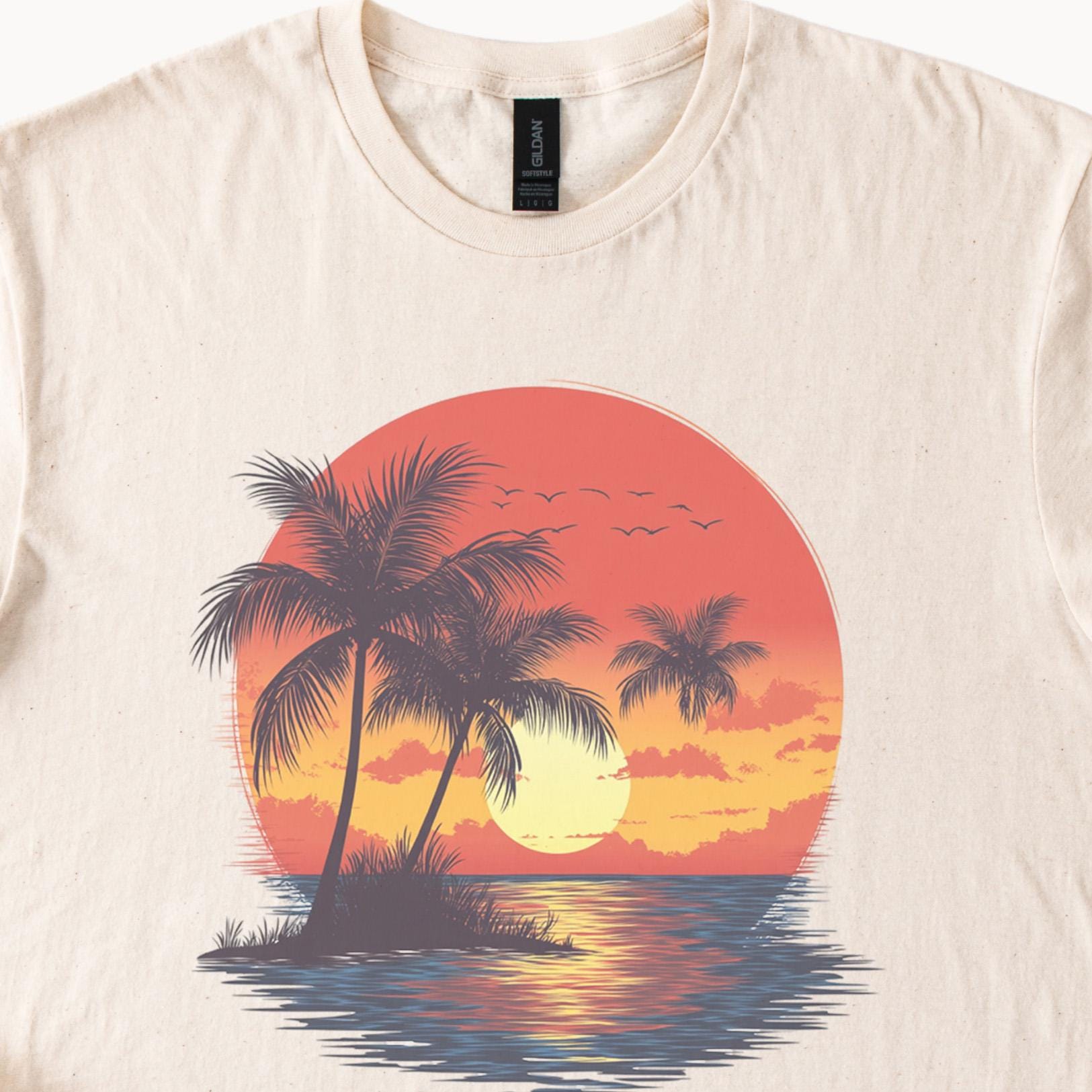 Palm Tree Sunset Graphic T Shirt Tropical Beach Ocean Scene Summer