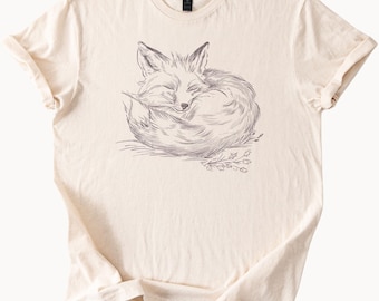 Sleeping Fox Art T Shirt Hand Drawn Animal Nature Wildlife Graphic Tee Cozy Woodland Forest Cute Soft Casual Shirt Gift for Her Him