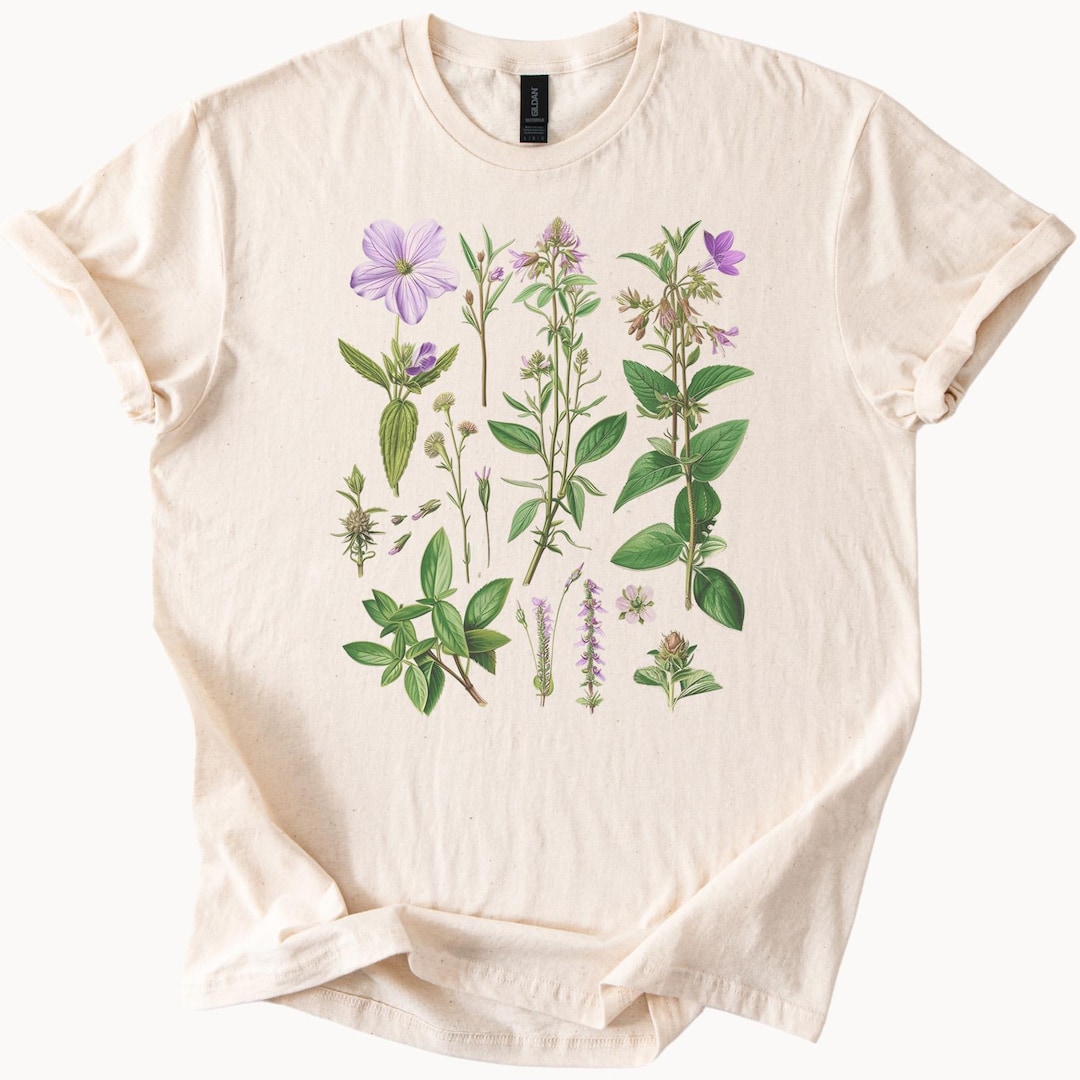 ボタニカルフラワーTシャツ、ハーブガーデンTシャツ、花柄イラスト