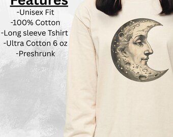 Celestial Moon Face Long Sleeve Shirt Lunar Crater Art Graphic
