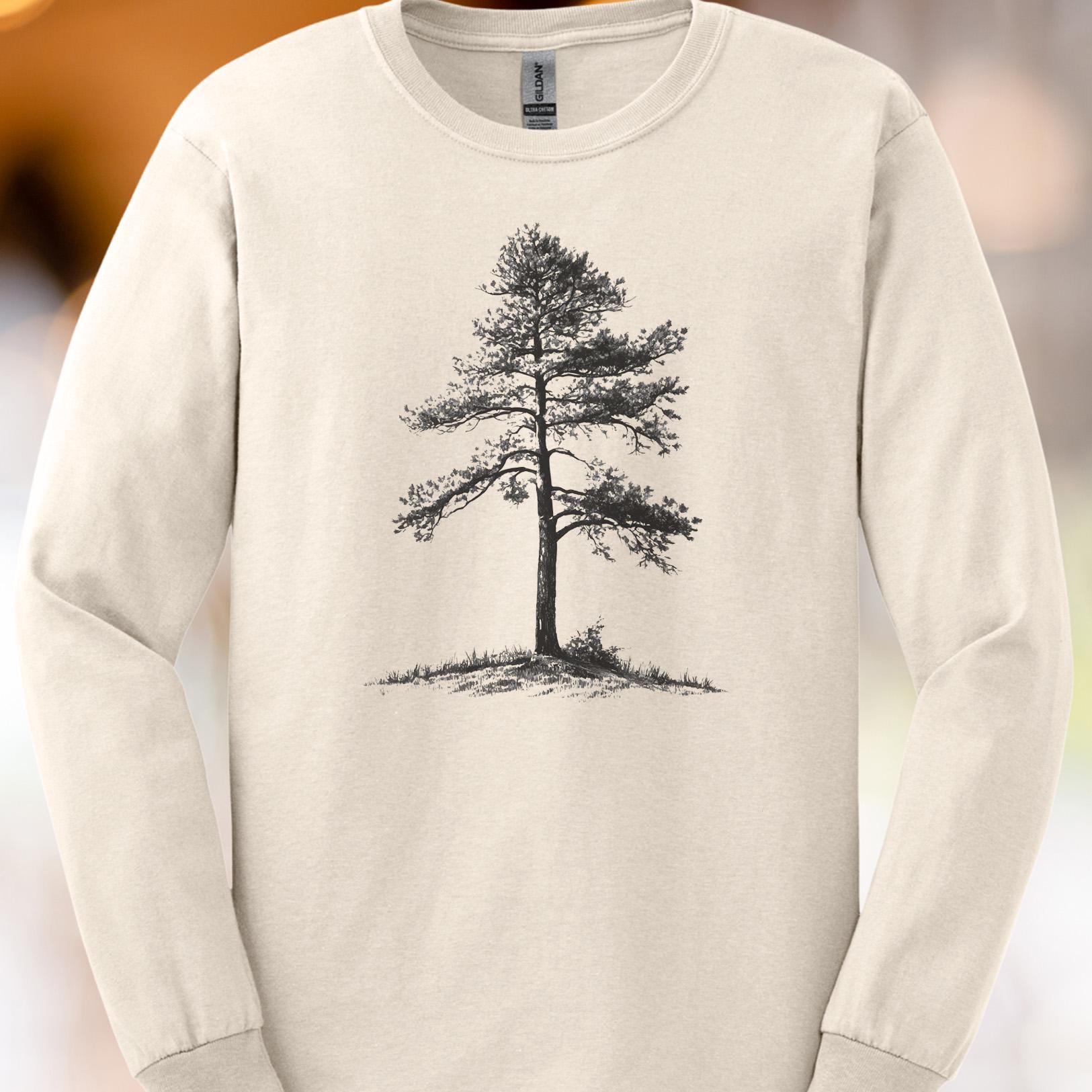 Pine Tree Graphic Long Sleeve Shirt Nature Art Tee Forest Drawing