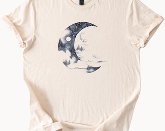 Halbmond-T-Shirt mit Himmelslandschaft-Motiv, Mondphasen-Print, einzigartiges Design, Geschenkidee