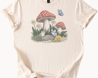 Frog Mouse Mushroom Tee Cottagecore Shirt Whimsical Toadstool Graphic Tshirt
