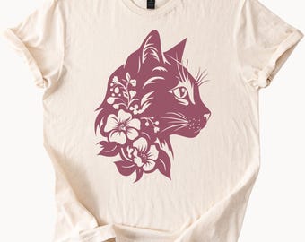 Camiseta com estampa de gato floral, camiseta felina excêntrica, estilo boho, presente para amantes de gatos, camiseta gráfica exclusiva