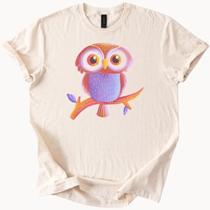 Cute Colorful Owl on Branch T Shirt Adorable Pastel Bird Graphic Nature Animal Art Tee Whimsical Woodland Creature Shirt Design