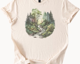 Waldbach-Aquarell-Naturszenen-T-Shirt mit Baum-Fluss und Kiefernlandschaftsgraphik im Freien, die Kunst-T-Stück für Naturliebhaber wandern