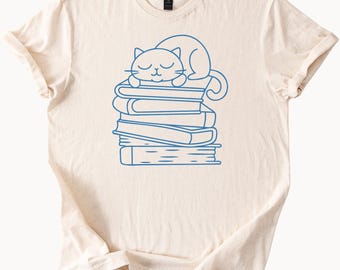 Cat Lover TShirt Sleeping Kitten Book Stack Cute Graphic Tee