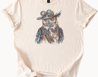 Steampunk Owl TShirt Fantasy Bird Shirt Unique Animal Graphic Tee Boho Woodland Creature Nature Lover Gift Idea