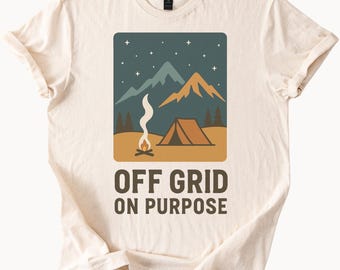 Off Grid On Zweck Camping T-Shirt Abenteuer Natur T-Shirt Berg Zelt Lagerfeuer Grafik-Shirt