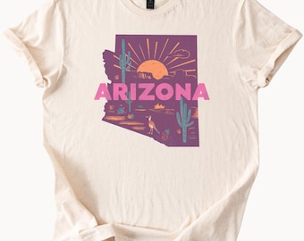 Arizona Desert Sunset Graphic T Shirt Southwest Cactus Landscape Nature Art Tee Unique Arizona State Outline Gift for Outdoor Lovers