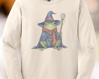 カエルウィザードシャツ 長袖 カエルメイジグラフィックシャツ ファンタジー魔女 カエルアート グラフィックTシャツ 魔法使いのカエルシャツ 魔法使い 衣類 ギフト