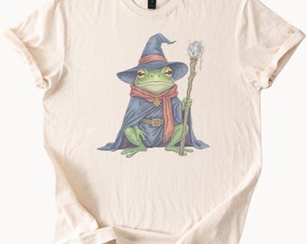 ウィザードフロッグシャツ、マジックフロッググラフィック、かわいいカエルメイジシャツ、ファンタジーヒキガエルTシャツ、杖を持ったカエル、エンチャントフロッグTシャツ、魔法の動物シャツ