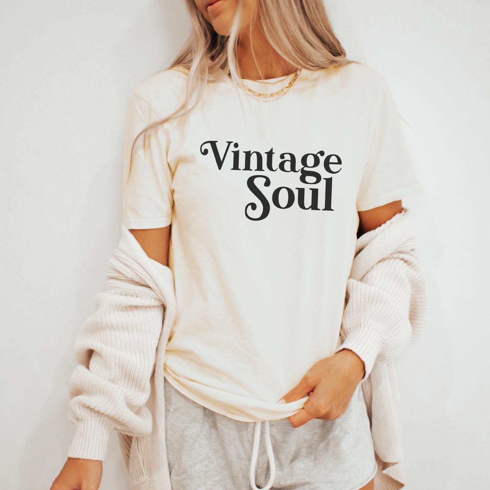 Vintage Soul Shirt Boho Retro Tshirt Beige Natural Color Short Sleeve