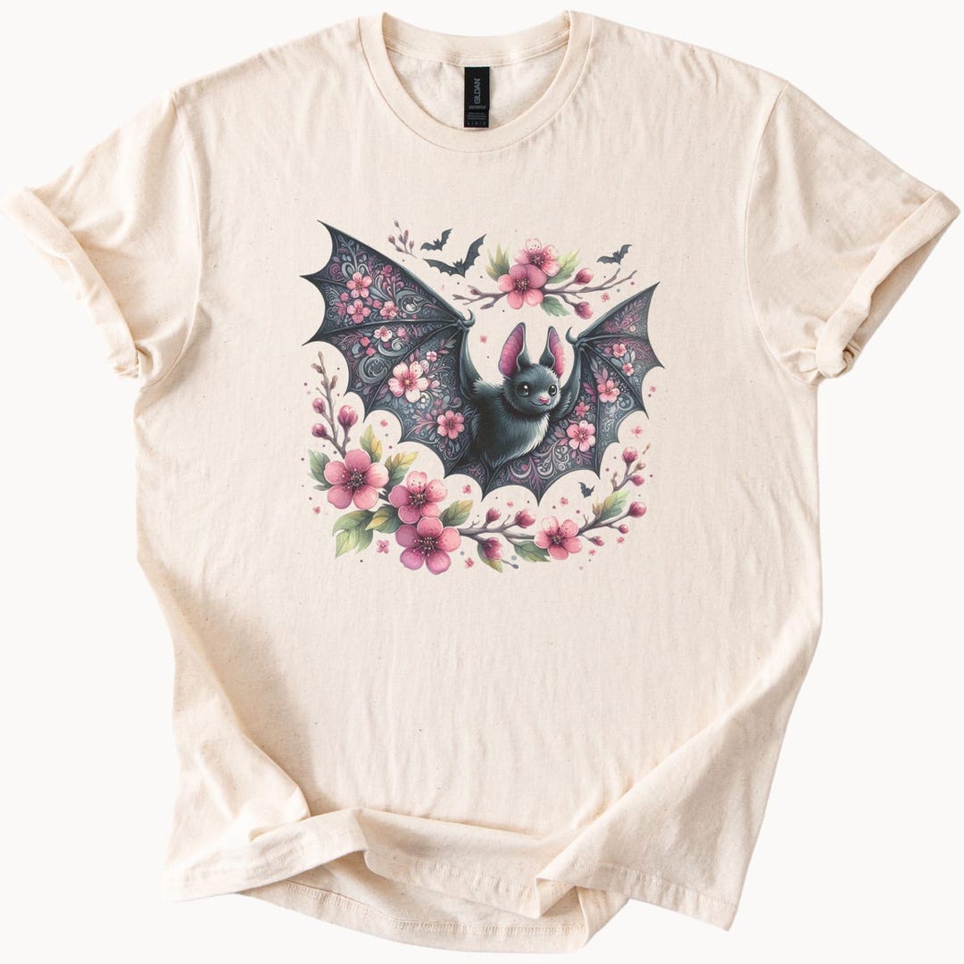 Cute Bat T Shirt Floral Bat Tee Gothic Spring Shirt Natural Beige Color ...