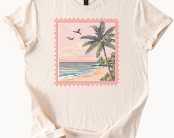 Palm Tree Beach Sunset Graphic T Shirt Ocean Waves Coastal Art Summer Tropical Scene Relaxed Fit Soft Tee Gift for Nature Lovers