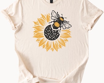 Sonnenblume Biene Grafik niedlich Sommer Shirt Lässiges Blumen Gelb Honigbiene Natur Liebhaber Top Einzigartiges T-Shirt Garten im Freien Geschenk