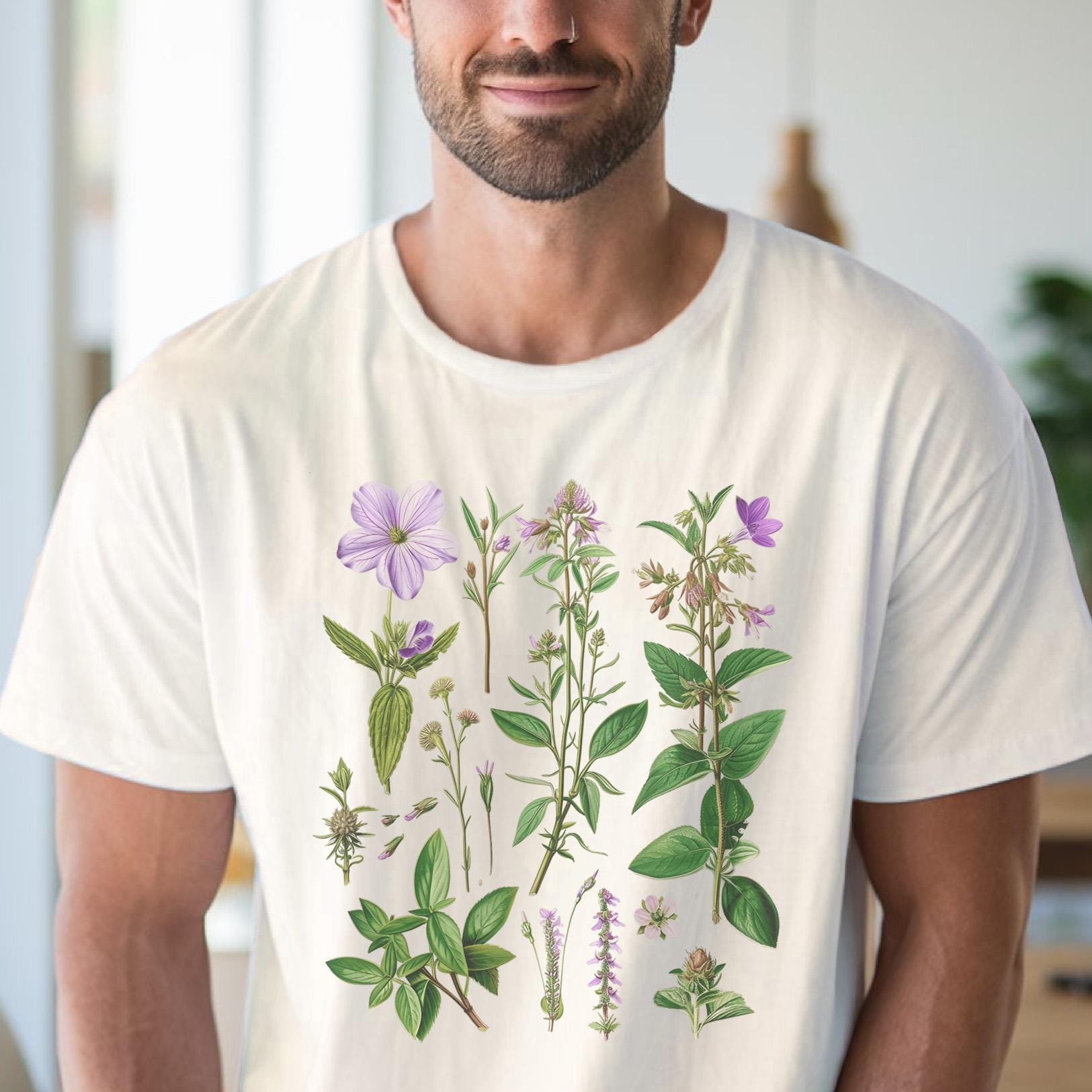 ボタニカルフラワーTシャツ、ハーブガーデンTシャツ、花柄イラスト