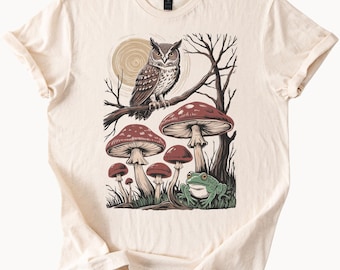 Camiseta con búho, hongo y rana, camiseta con gráficos de naturaleza, camiseta con animales del bosque