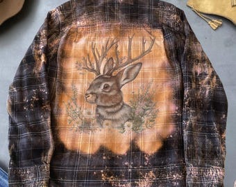 Cute Jackalope In The wild flowers graphic Bleached Flannel Shirt unique handmade flannel aesthetic mystical shirt custom Made Upcyled