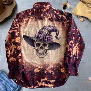 Halloween Skull Shirt, Bleached Flannel, Witch Hat Skull Shirt, Spooky Season, Witchy Top, Horror Movie Fan Apparel, Gothic Clothing