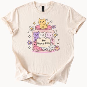 Cute Cat Jar My Happy Pills Graphic Tee Kawaii Pastel Cat Lover Shirt Adorable Cartoon Kitty Flowers Aesthetic T Shirt Gift