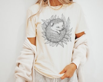 Sleeping Hedgehog with Fern Leaf Graphic Tee