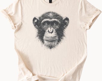 Camiseta con gráfico de cara de chimpancé, arte animal realista, camiseta única con dibujo de mono, ilustración de vida silvestre natural, ropa de regalo