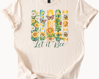 Let It Bee Shirt with Sunflowers Butterflies Bees and Honeycomb Graphic Nature Inspired Garden Insects Wildflower Spring Tee