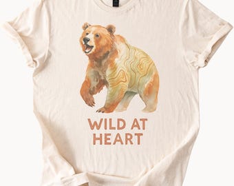 Grizzly Bear Topo Map T Shirt Wild At Heart Nature Tee Outdoorsy Graphic Tee Hiking Shirt Camping Gift