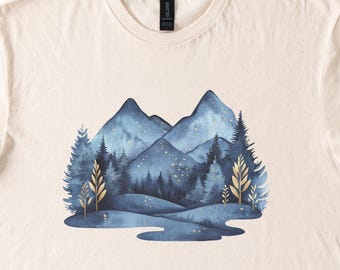Camiseta unisex con escena de montaña y acuarela, para amantes de la naturaleza, con gráficos al aire libre