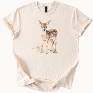 Cute Baby Deer Fawn Graphic T Shirt Watercolor Animal Nature Lover Tee Woodland Wildlife Art Soft Neutral Shirt Gift for Her or Him
