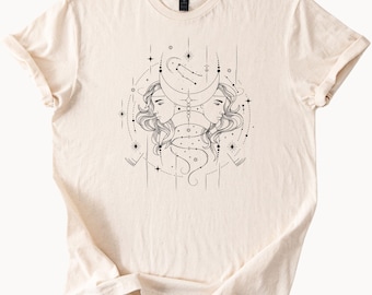 Camiseta con el signo zodiacal Géminis Celestial, Luna, Estrellas, Constelación, Astrología, Estilo Místico, Boho, Amante Cósmico, Camiseta Gráfica Espiritual, Arte Lineal