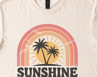 Sunshine On My Mind Graphic T Shirt Retro Palm Trees Sunset Rainbow Summer Beach Aesthetic Sun Lover Shirt Gift For Women Men