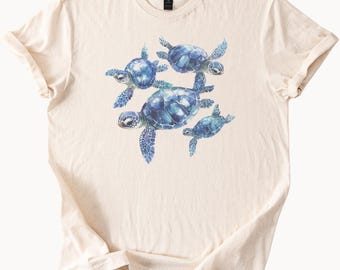 Meeresschildkröte-Grafik-T-Shirt Ozean-Blau-Aquarell-Meeresschildkröten-Kunst-T-Stück Marineleben-Tierhemd-Natur-Liebhaber-Geschenk-Strandhemd