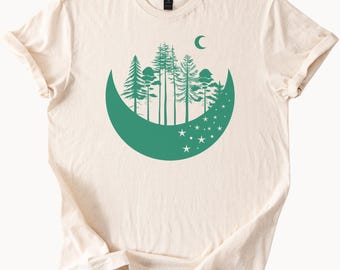 Forest Moon Stars T Shirt Celestial Nature Graphic Tee Outdoors Camping Shirt