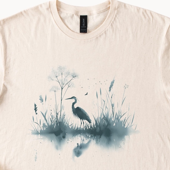 Heron Shirt Natural Cotton Bird Graphic Tee Nature Lover Gift Waterfowl Shirt Wildlife Apparel Elegant Bird Design Coastal Style Top