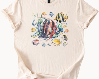 Tropical Fish T Shirt Ocean Reef Graphic Tee Colorful Sea Life Shirt