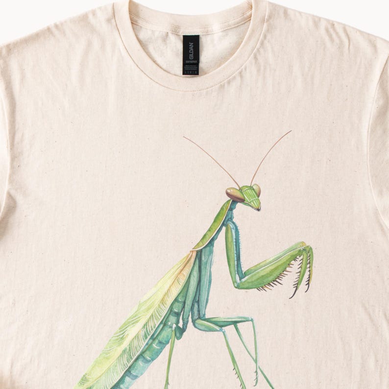 May include: A beige t-shirt with a green praying mantis illustration printed on the front.