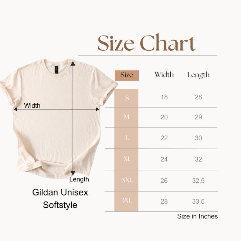 Op de afbeelding: Maattabel voor Gildan Unisex Softstyle T-shirts. De tabel toont de breedte en lengte in inches voor de maten S, M, L, XL, XXL en 3XL.